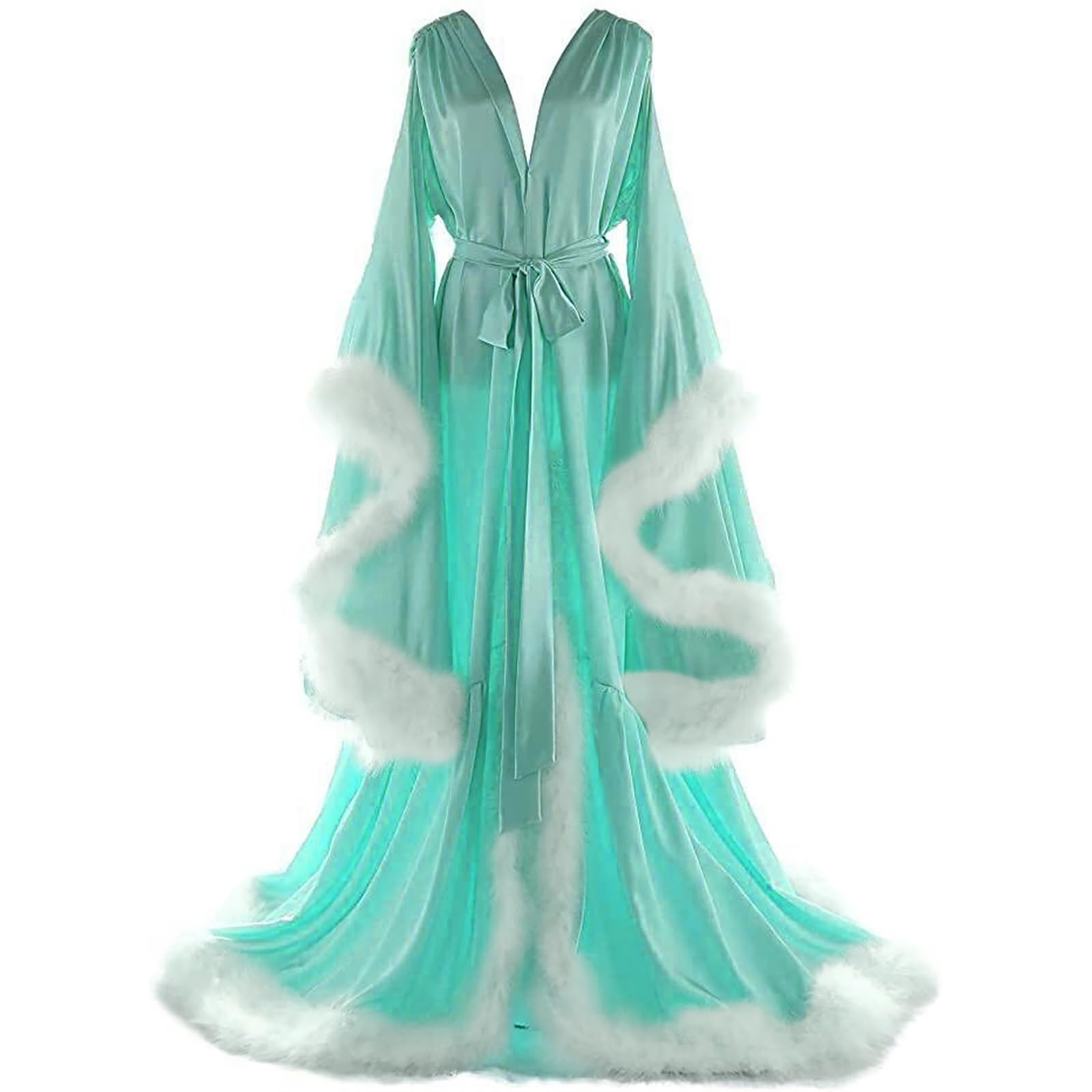 Daily Life Mall Women's Feather Bridal Robes Old Hollywood Maternity Photoshoot Nightgown Silk Bathrobe Long Lingerie: Large Mint+white