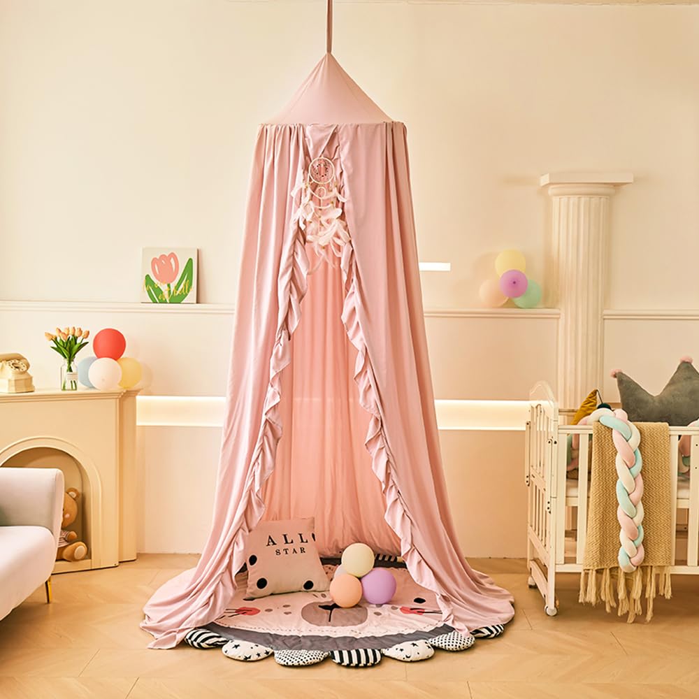 ZIQINPSQ Ciel de lit pour filles avec volants, dôme rond princesse pour enfants, moustiquaire de rêve pour décoration de chambre de fille, château, tente de jeu, auvents de coin de lecture pour