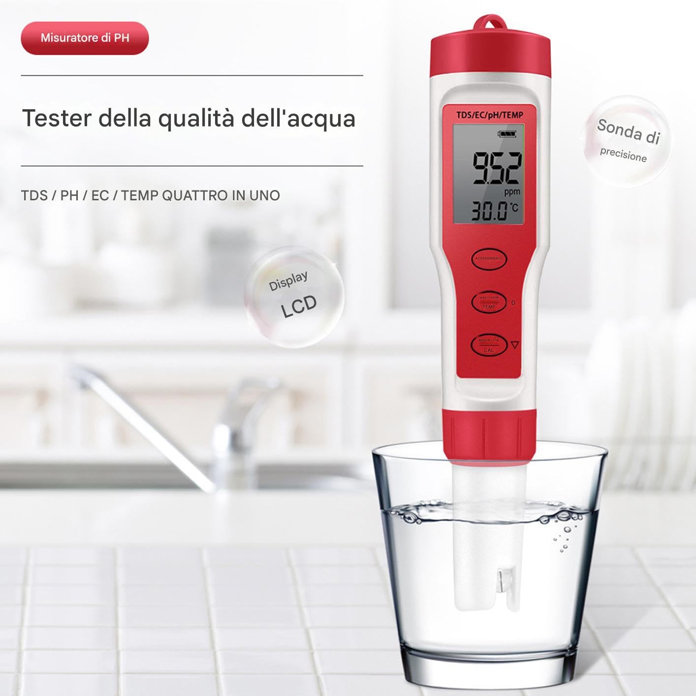 Medidor de pH para agua | Comprobador sensor EC | Instrumento digital 4 en 1 con calibración temp y calibración automática para resultados precisos rápidos | Monitorización del pH 'agua para