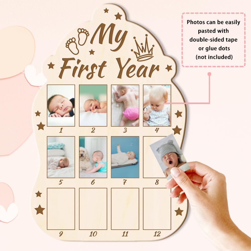 ORIGACH Baby Bottle Shape My First Year Baby Growth Photo Display Board, 12 Months Newborn Milestones Wood Keepsake Board for 1st Birthday & Nursery Decor,Crown & Footprint Pattern