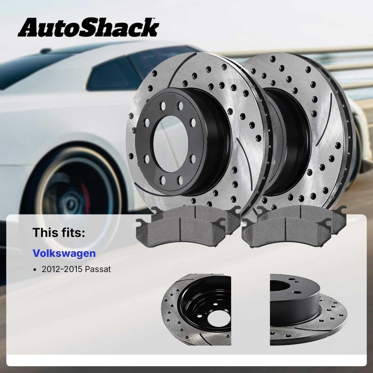 AutoShack Front Vented & Rear Solid Drilled & Slotted E-Coated Brake Rotors + Ceramic Pads 12-PC Brake Kit Replacement for 2012-2015 Volkswagen Passat ShadowGuard