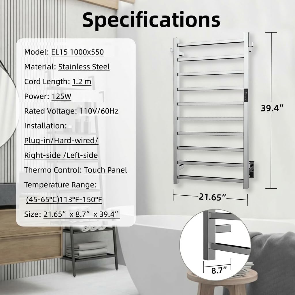 P&Dlusir Square Bar Towel Warmer, Heated Towel Rack with Smart Timer and Thermo Control, Wall-Mounted Heated Towel Rail, Stainless Steel, Hard-Wired/Plug-in, 10 bar, Polished