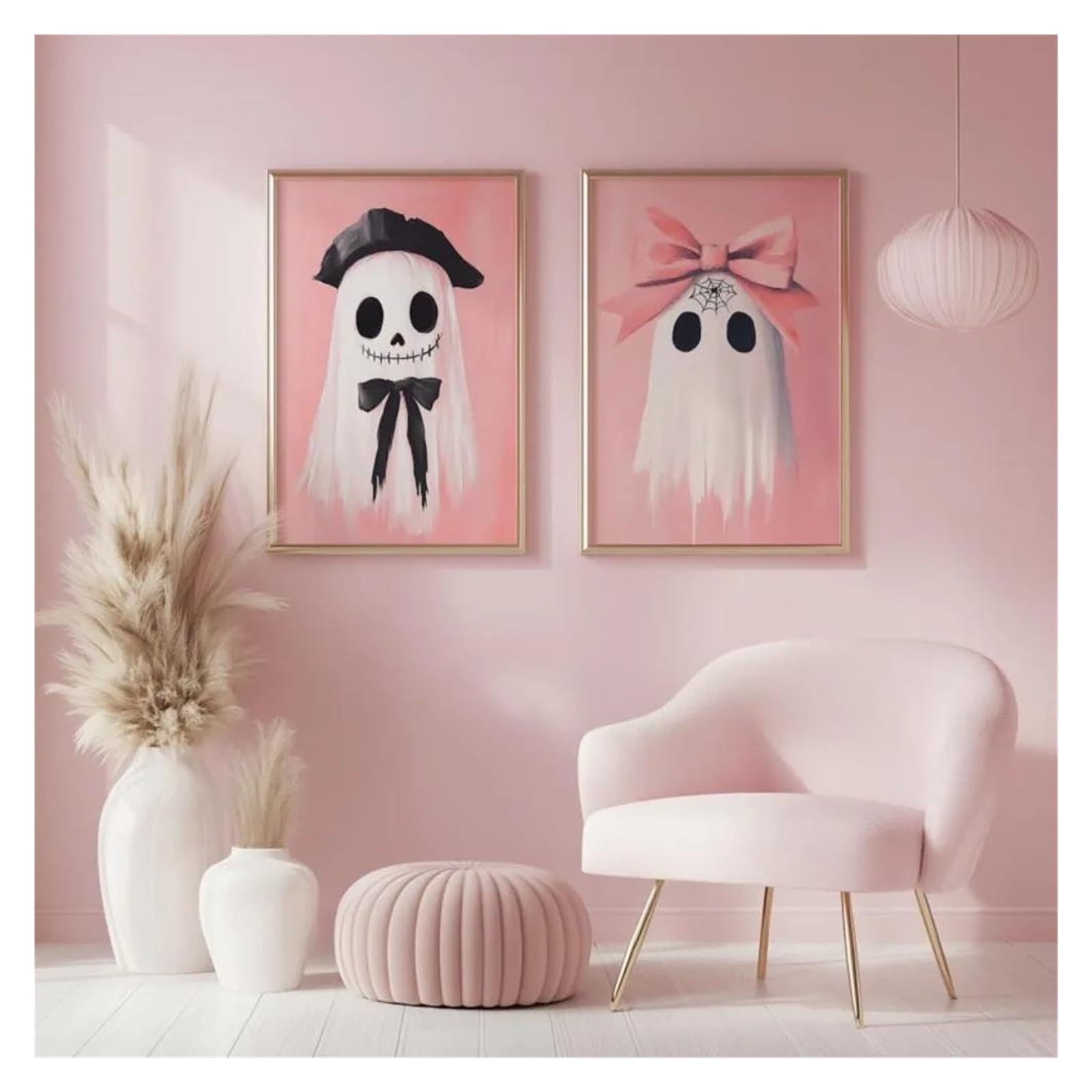 BYAMBD Aesthetic Pictures Frameless Ghost Posters Print Pink Background Bowknot Canvas Painting Room Decor(C,30x40cm)