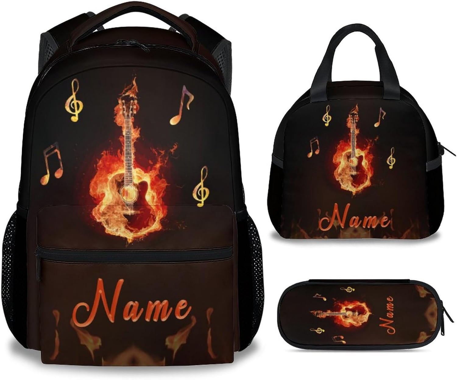Mercuryelf Personalized Guitar Kids Backpack with Lunch Box Set, 3 in 1 School Backpacks Matching Combo, Popular Black Bookbag and Pencil Case Bundle