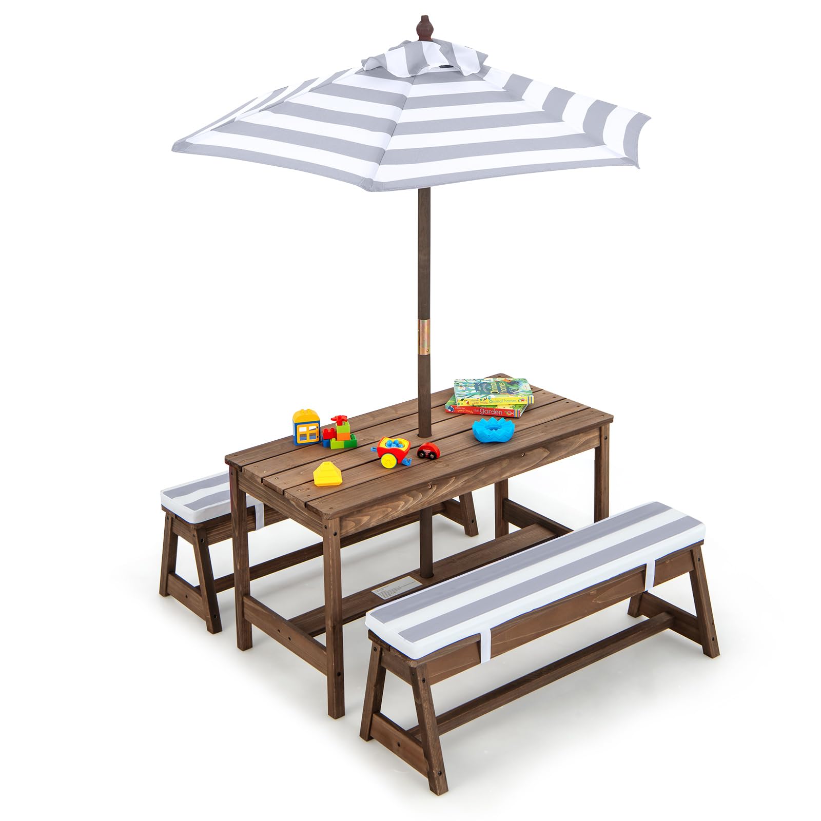 Maxmass Kids Picnic Table and Bench Set, Children Wooden Activity Play Table with Removable & Adjustable Umbrella and Cushions, Toddlers Garden Furniture Set for Indoor Outdoor (Gray)