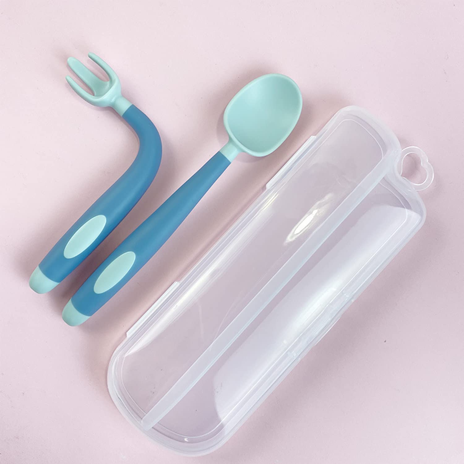 SYGA 2PCS Infant Baby Fork and Spoon Set Baby Feeding Learning Temperature Sensing Kid Utensils Toddler Anti-Choke Self Feeding Accessories (Bendable Twisting Spoon Blue) 3
