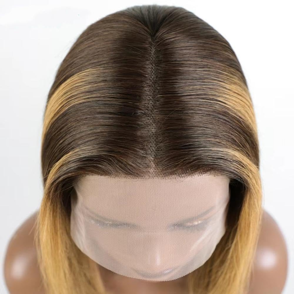 Haarpflege 100% Echthaar Perücke Highlight Braun Langer Gerader Mittelteil Bob Spitzenfront Für Frauen Ohne Kleber(Highlight Brown,10inches)