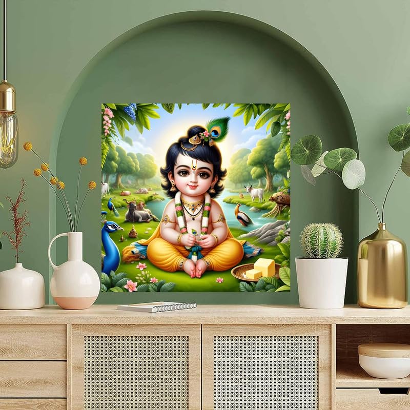 Image of British Terminal Cute little Bal Gopal Baby God Krishna| Kanha Ji | Laddu Lord Makhan Chor Painting Religious Poster for Pregnant Women for wall (matt thin vinyl,sticker,multicolor,unframed)| bj3
