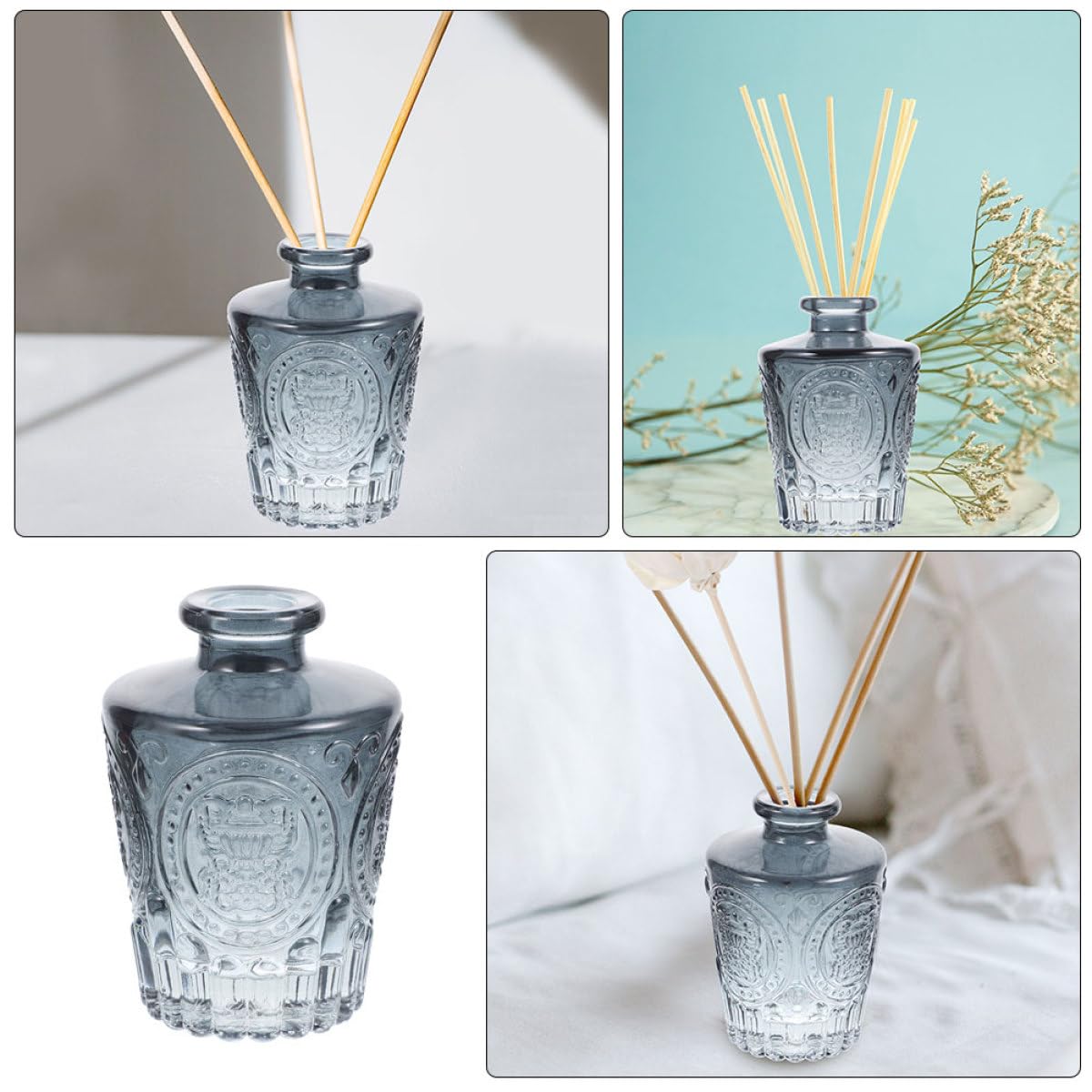 Sosoport Lot de 4 Flacons Diffuseurs en Verre Sculpté de 130 ML, Rechargeables pour Huiles Essentielles, Couleur Grise, pour Maison et Bureau, Diffusion D'arôme Solide et Décoration