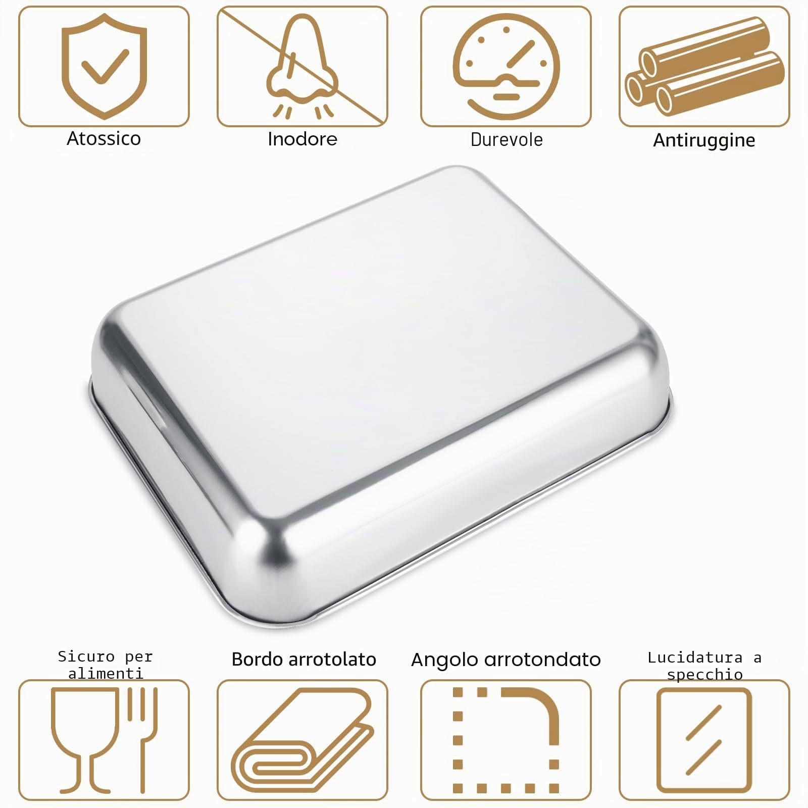 CYEER Set di 4 teglie da forno in acciaio inox 25 x 20 x 5 cm, teglia profonda in acciaio inox 304, per lasagne, arrosti, torte e marinatura, lavabili in lavastoviglie