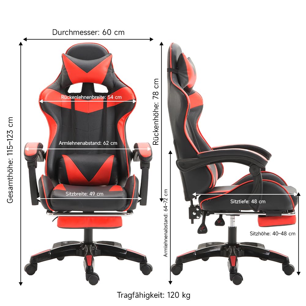 Chaise de Gaming Ergonomique - Hauteur réglable - Chaise de Bureau réglable (Rouge)