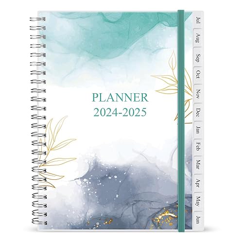 2024-2025 Diary, A5 Weekly Planner with Monthly Tabs, July 2024 - June 2025, Back Pocket, Planner 2024-2025 with Elastic Closure, Flexible Cover, 14.8×21cm, Teal Watercolor