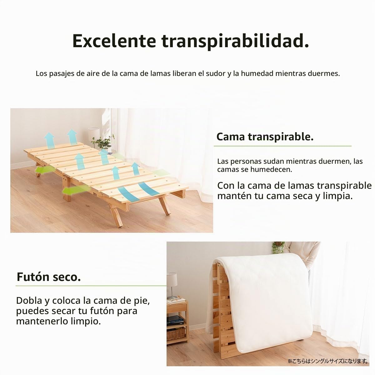 EMOOR Cama Estructura Plegable OSMOS 65 x 180 cm Madera Maciza de Pino (Earth-Natural), Fácil Montar Ahorra Espacio Guardable Tatami
