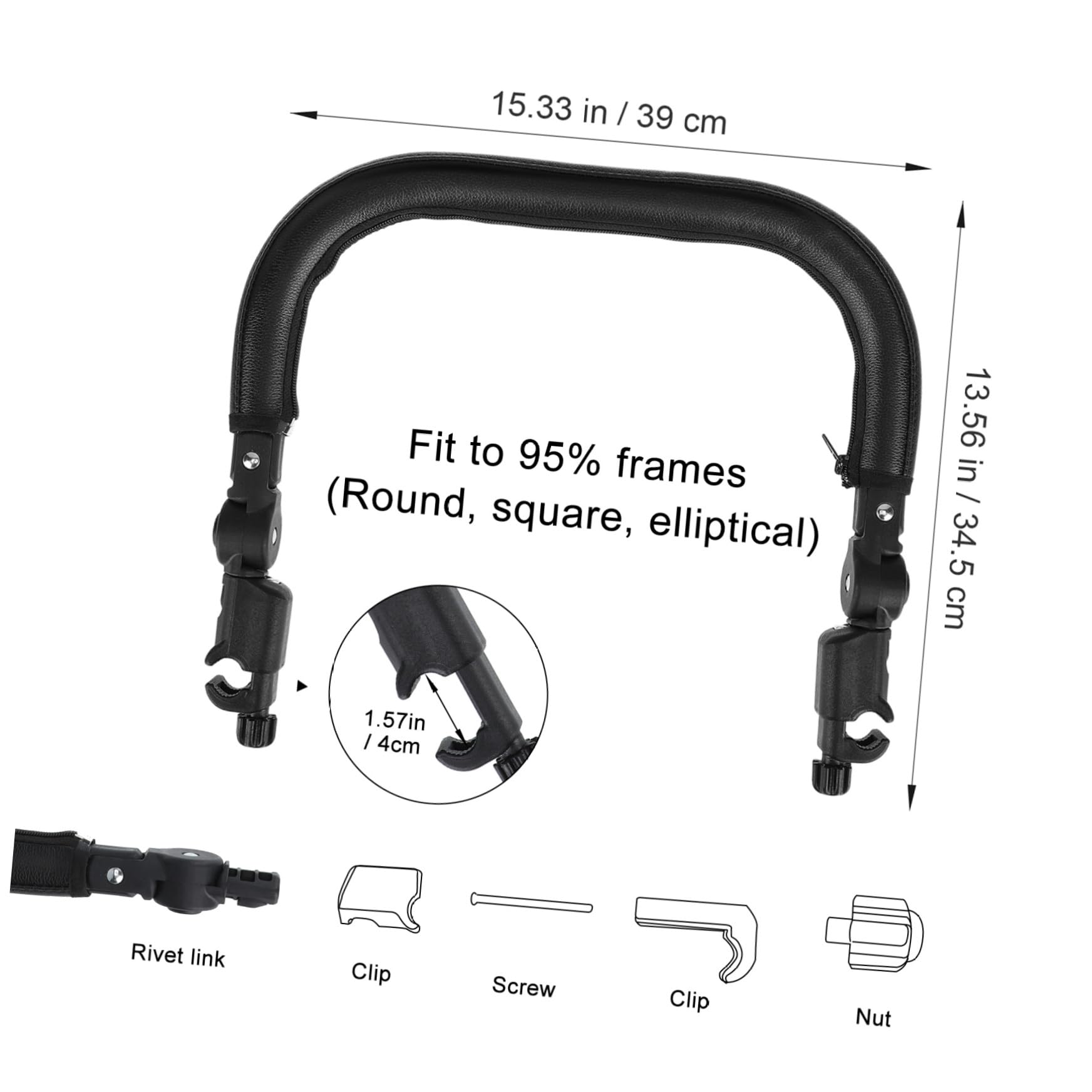 Barre D'appui pour Poussette Noire, Tube 3cm, Cuir Pu et Fer