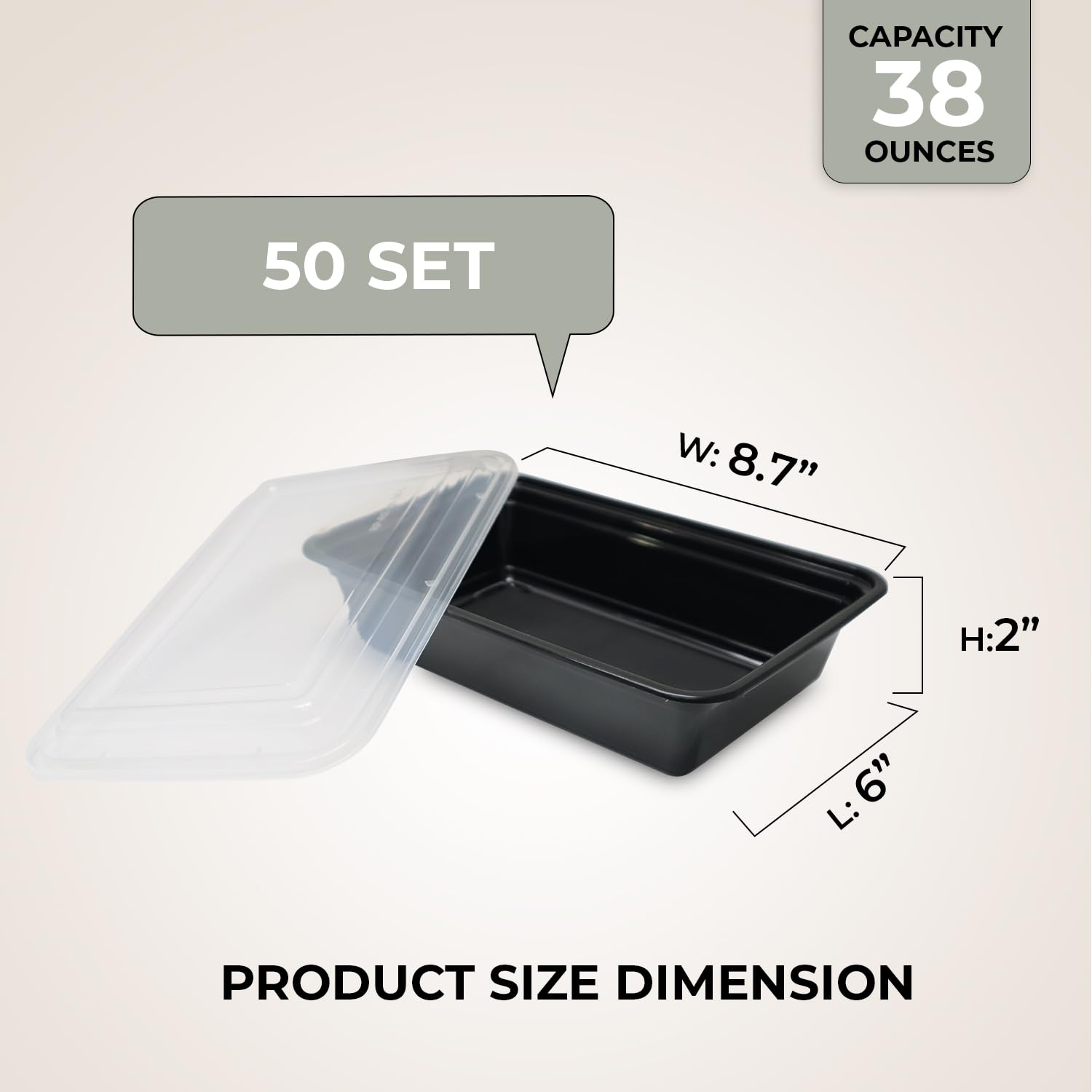 Klex Recipientes de preparación de comidas con tapas herméticas, sin BPA, recipiente de plástico reutilizable para alimentos, 38 onzas, rectangular, negro/transparente, 50 juegos