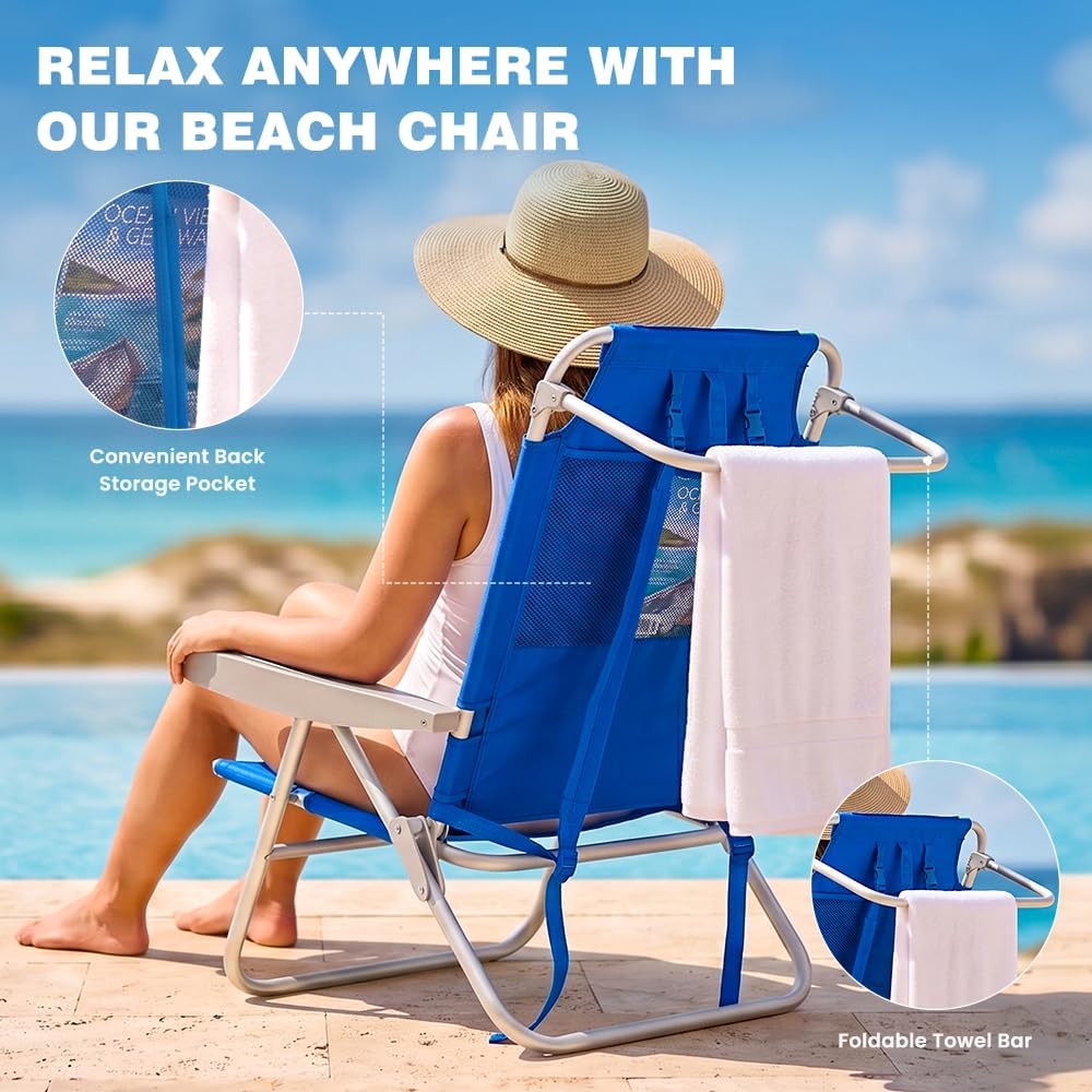 SUNNYFEEL Folding Beach Chair - Lightweight Portable Backpack Beach Chair for Adults with Lay Flat 5-Position Reclining with Cup Holder Headrest Towel Bar 500 lbs Capacity for Outdoor Travel thumbnail