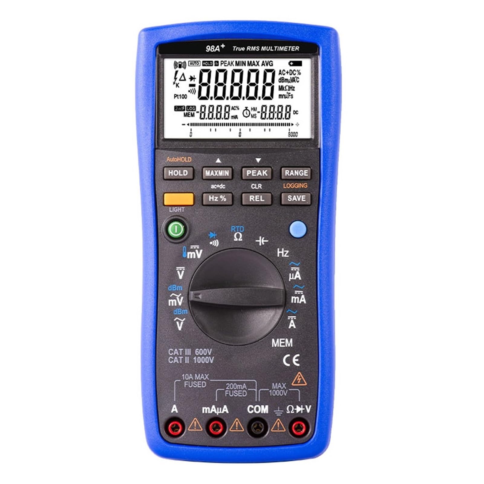 Multimetr 98 A, prawdziwy RMS, 22000 koralików, PT100, tester termopary, podświetlenie, przenośny, USB, AC/DC, amperomierz, omomierz, woltomierz