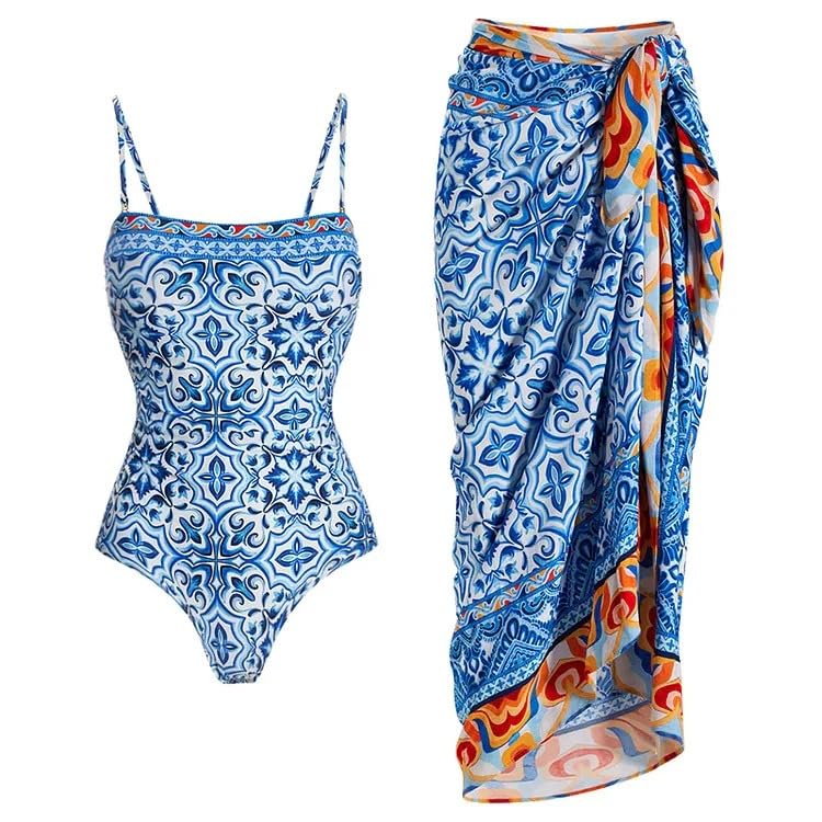 Image of AARAM Stylish Premium Women's One Piece Swimsuit with Cover Ups Wrap Skirt Sarong Floral Print Monokini Tummy Control Swimwear, Printed Costume Women Beach Wear