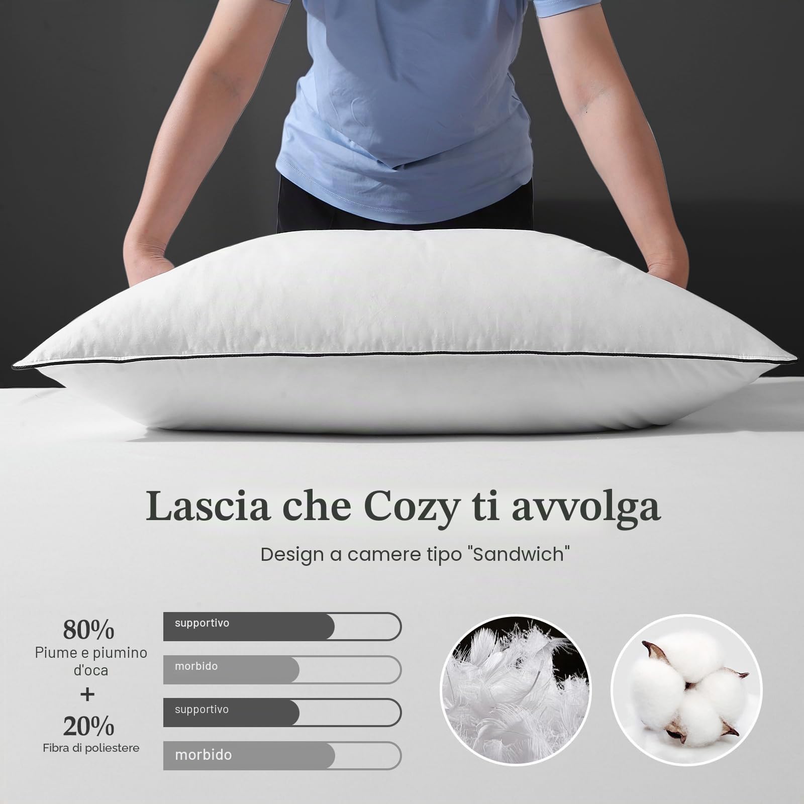 DWR Luxury Cuscino in Piuma d'oca,Piume d'Oca Bianche Naturali，Morbido Cuscino Letto,Copertura in cotone organico Set di 2,40x80cm