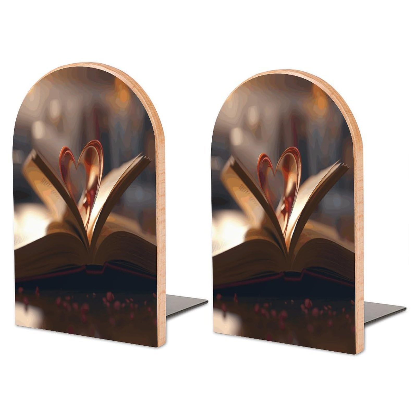 Heavy Duty There's A Heart in The Book Book End Wooden Bookends with Metal Base Non-Skid Book Stopper for Shelves Books Organizer for Home Office Supplies 6.7 X 4.7 X 3.9”