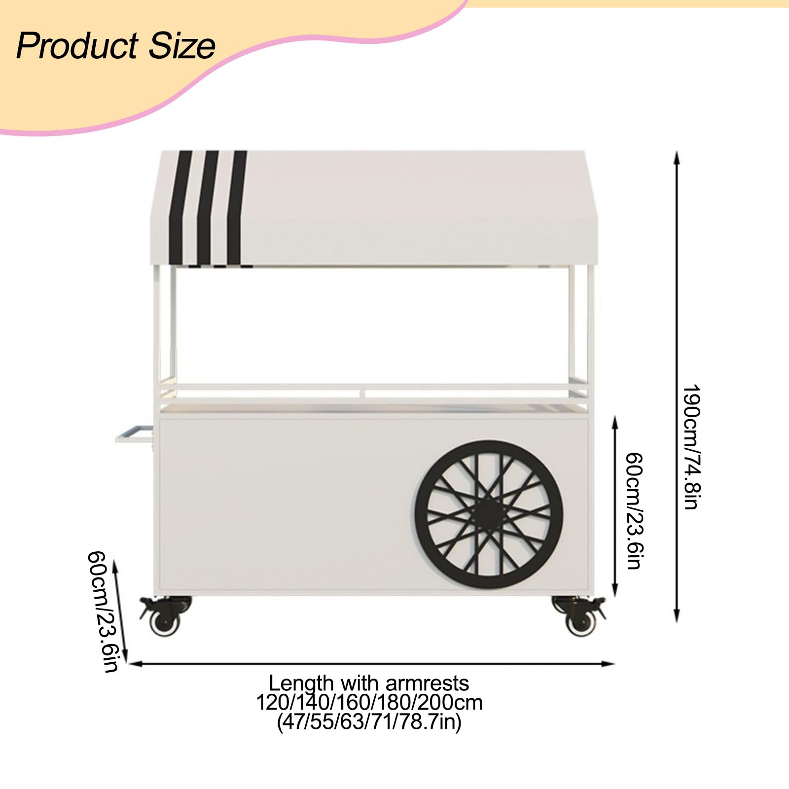 Espositore portatile a 2 ripiani per caramelle con baldacchino a righe, bancarella mobile per venditori di cibo da strada e carrello per venditori all'aperto (rosa, 140 cm)