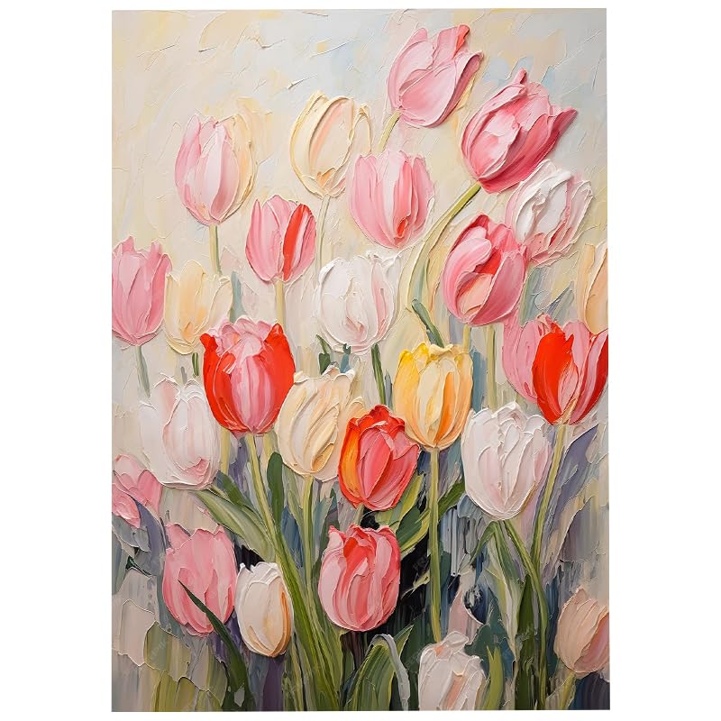 LCDIUDIU Quadri Moderni Astratti E Colorati, Dipinti Ad Olio Su Tela, Grandi Quadri Senza Cornice, Dipinti A Mano Con Texture, Fiori Di Tulipano, Opere D'Arte per Soggiorno, Ufficio, Casa, 50X70Cm (