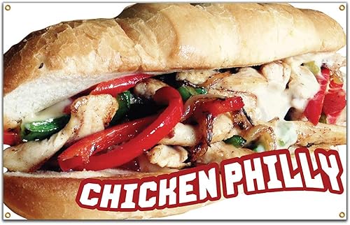 Cartel de pollo y papas fritas de 36 x 60 pulgadas, resistente de 13 onzas, pancartas de vinilo con ojales de una sola cara