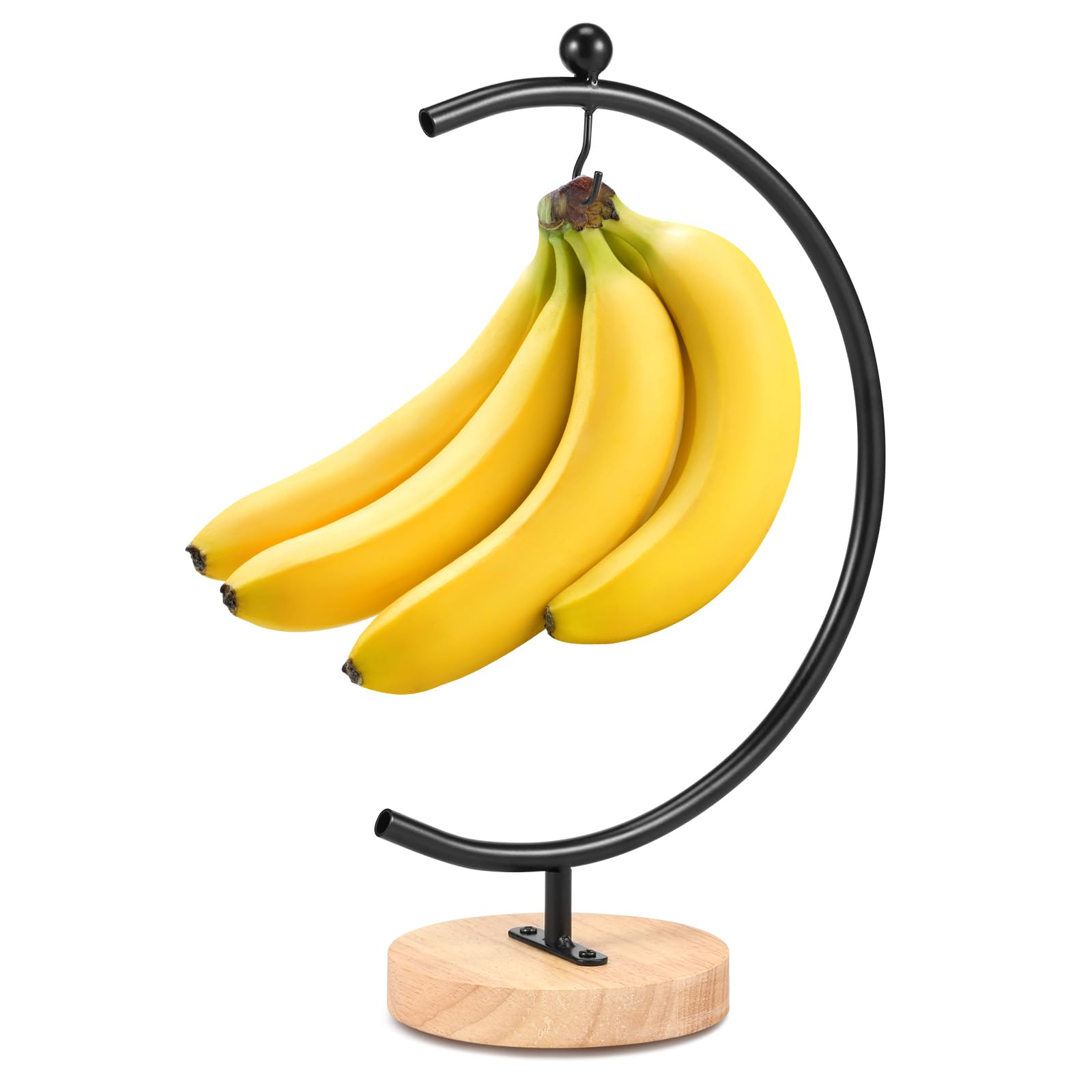NIHUIFDPY Banana Holder Stand, Moon Shape Banana Hook Hanger, Metal Banana Tree Holder with Wood Base,Banana Rack for Kitchen Counter, Decorative Stand Holder for Hanging Banana Grape(Black)