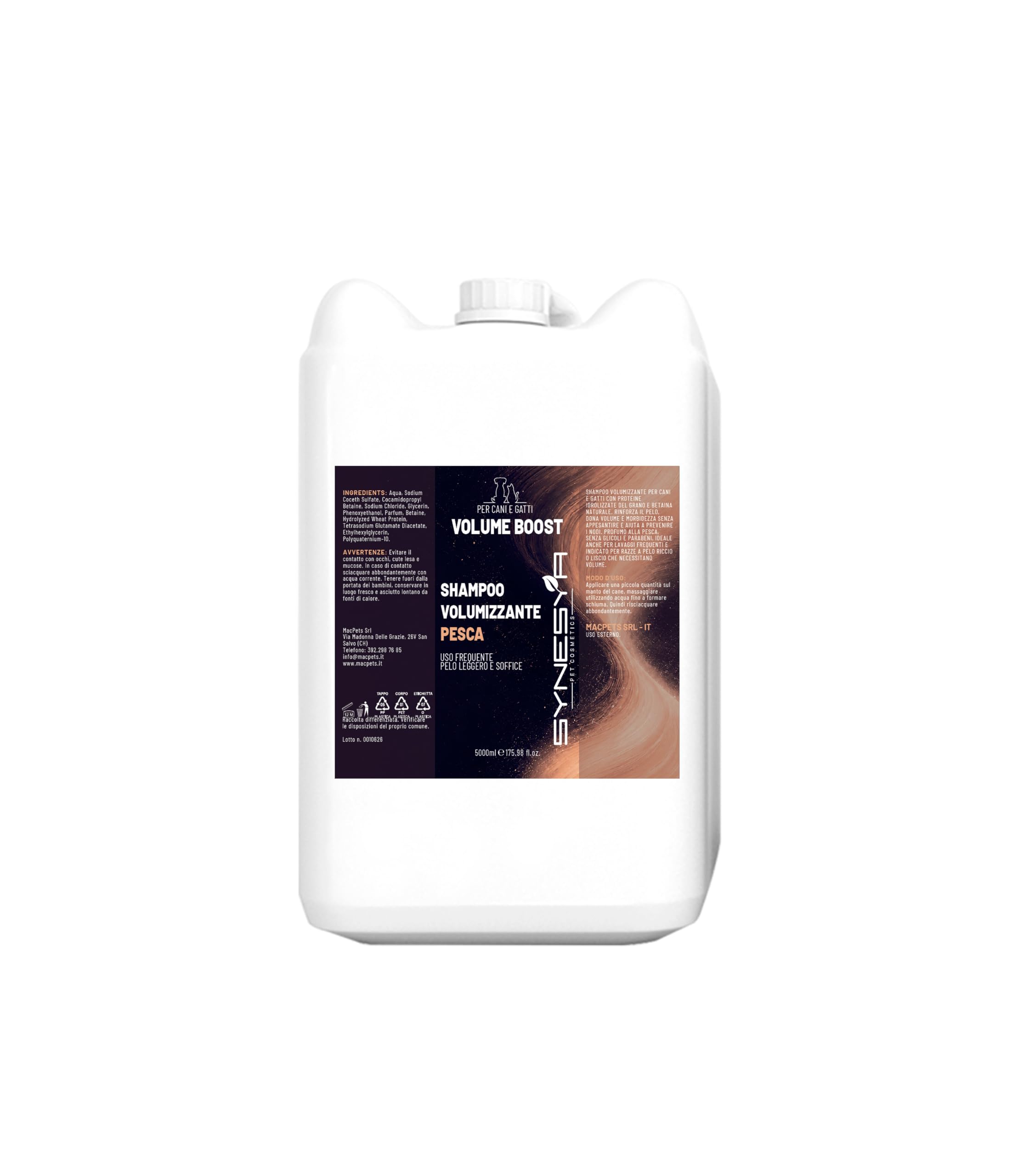 VOLUME BOOST SHAMPOO PESCA TANICA 5 LT per cani e gatti | Proteine Idrolizzate del Grano, Senza Glicoli e Parabeni, Rinforza e Ammorbidisce, Uso Frequente, Previene i Nodi
