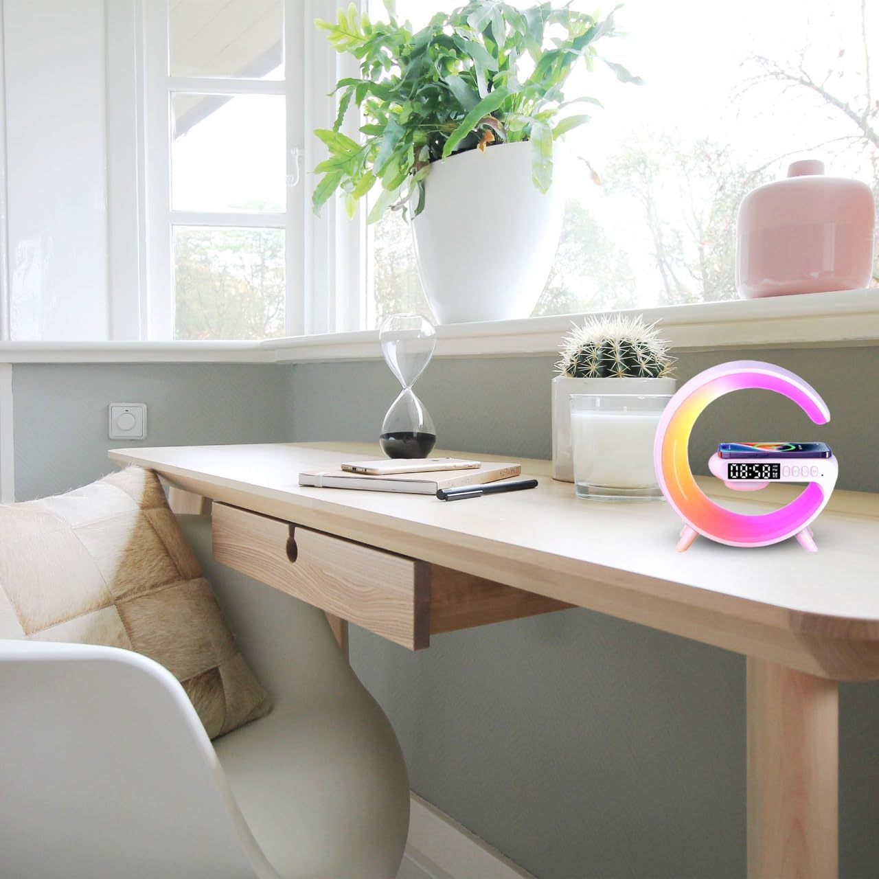 OrionMart Alarm Clock G Shaped Bedside Lamp Wireless Charger & Speaker - Color Changing Table Lamp Night Light - Premium Gift Idea - Image 3