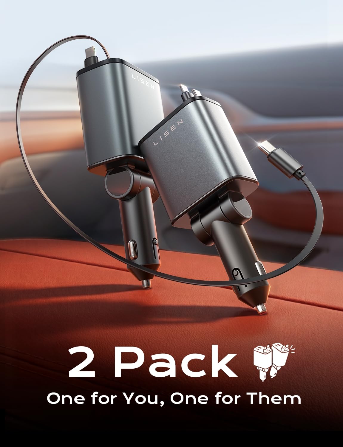 LISEN Retractable Car Charger, 84W Car Adapter USB C Fast Charger, 2 Pack view 3