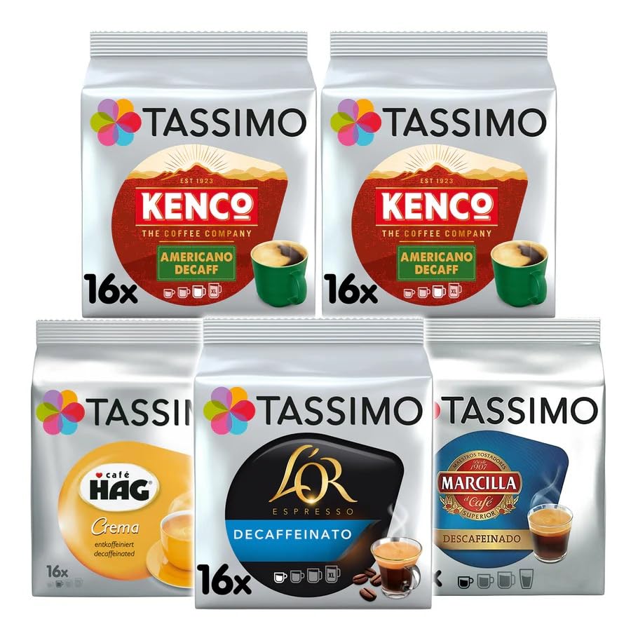 Tassimo Decaf Variety Pack Coffee Pods (Pack of 5 Total 80 Capsules) Kenco Americano LOR Marcilla & Café Hag