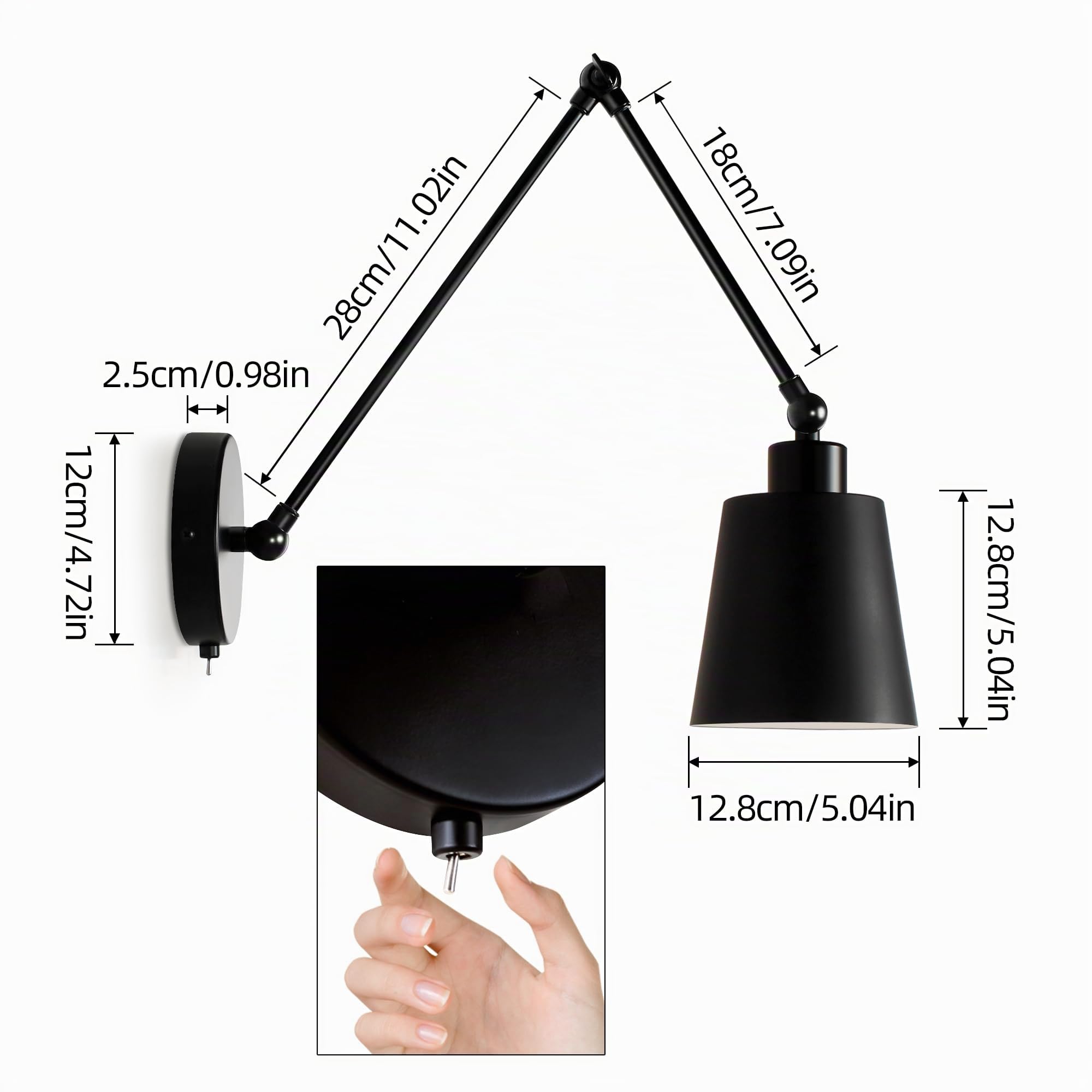 Luces de Pared de Brazo Oscilante, Iluminación Interior de Cabecera con Pantalla de Cono Para Lámpara de Lectura, E27 Mate Negro Aplique de Pared Para Sala Baño Dormitorio Lámpara de pared