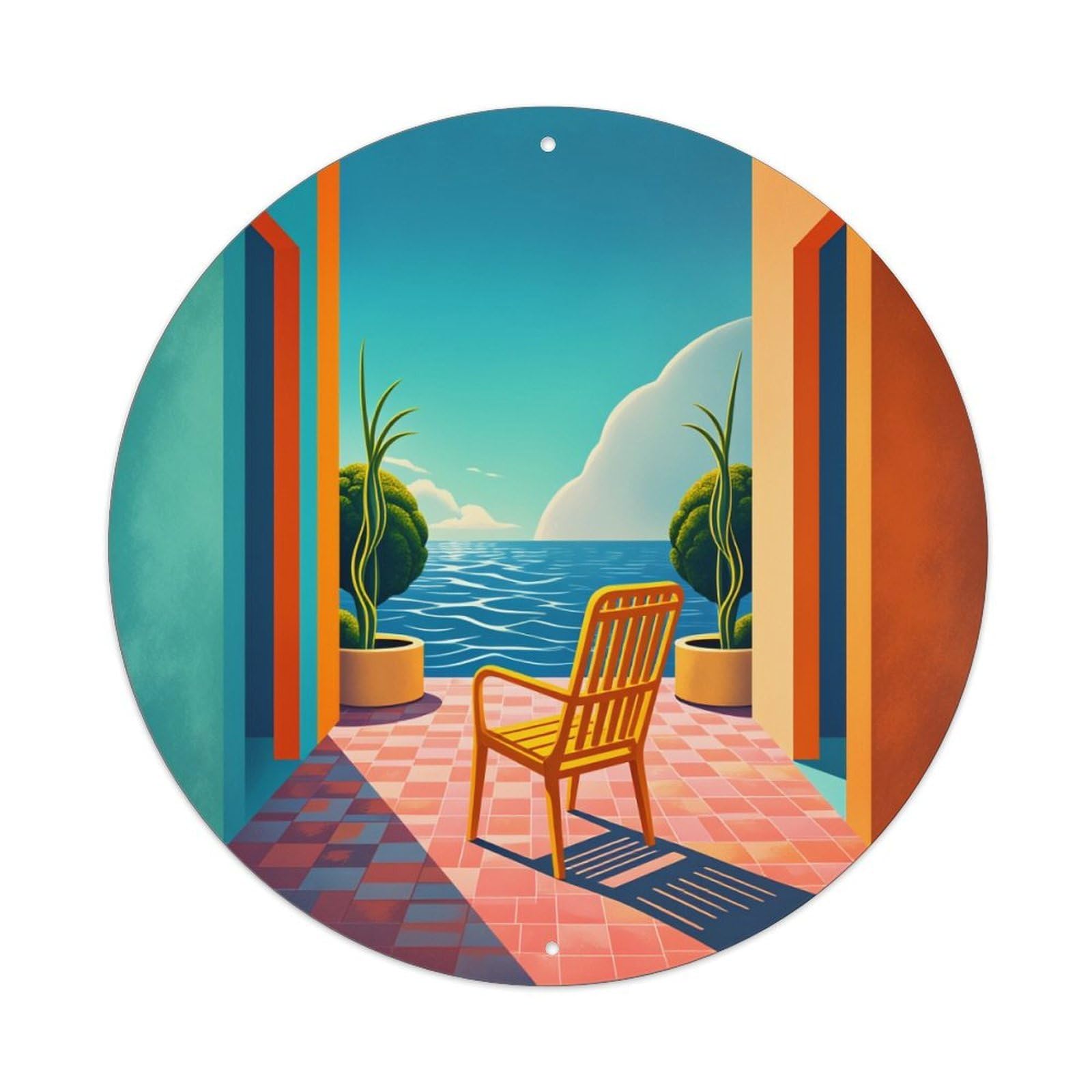 Colorful Geometric Ocean View Chair Round Tin Sign Vintage Style Metal Sign Home Bar Garden Wall Plaque Decor Metal Poster 8x8 Inch