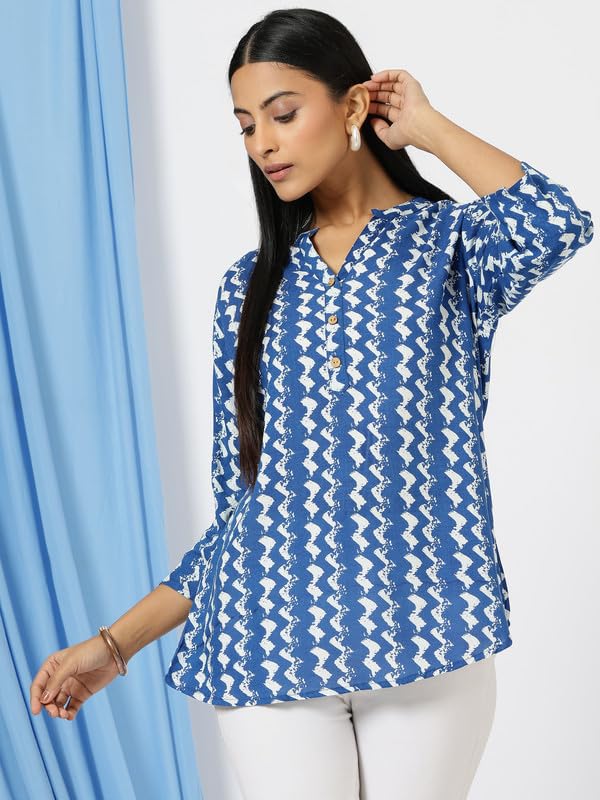 Image of Women's Cotton Printed Kurta Top | 3 /4 Sleeve Straight Kurti Casual Outings