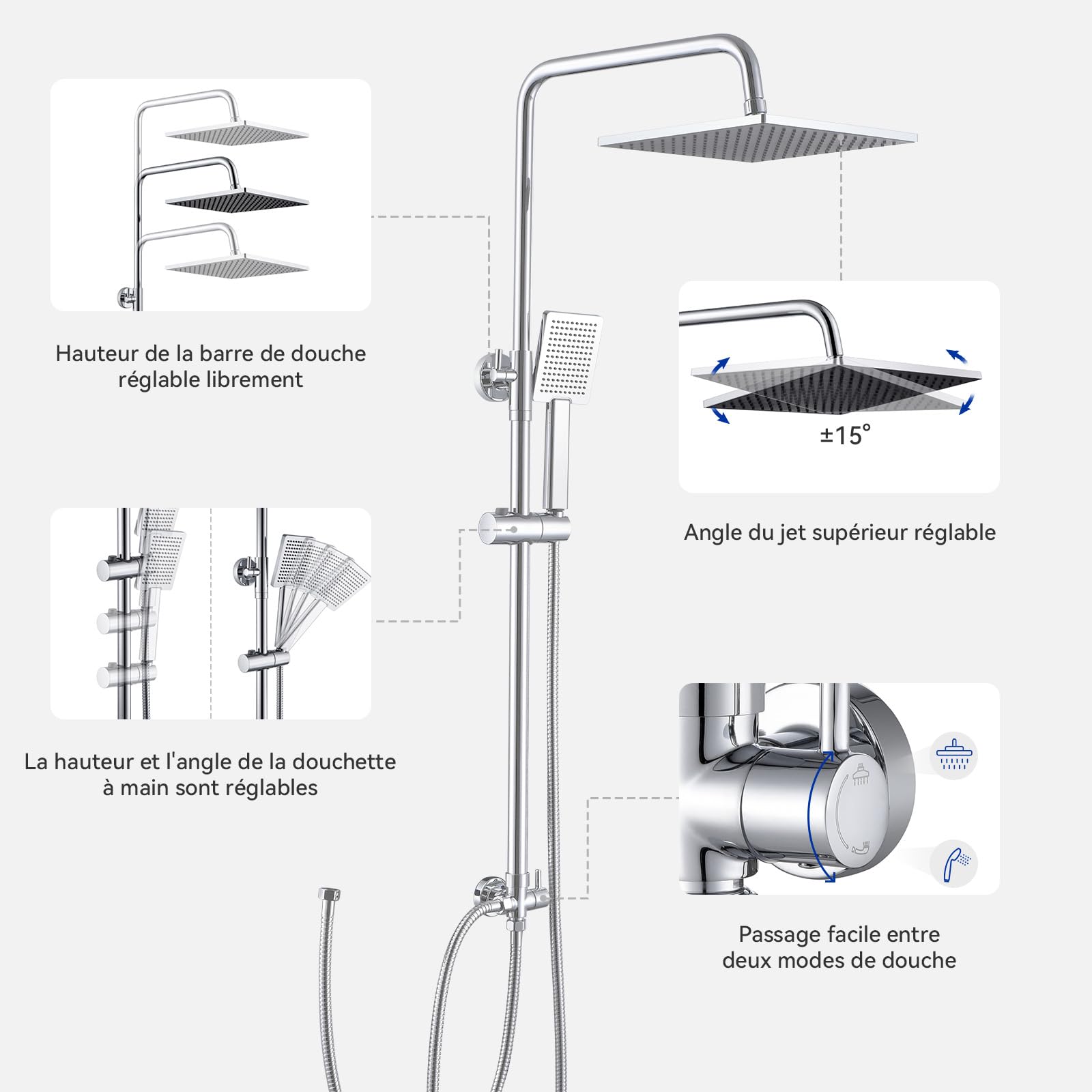 Auralum Colonne de Douche sans Mitigeur Chromé Mat en Laiton, Colonne Télescopique 65-110cm avec Tête de Douche Carré Pluie 10", Douchette à Main Réglable, Kit pour Baignoire et Salle de Bain