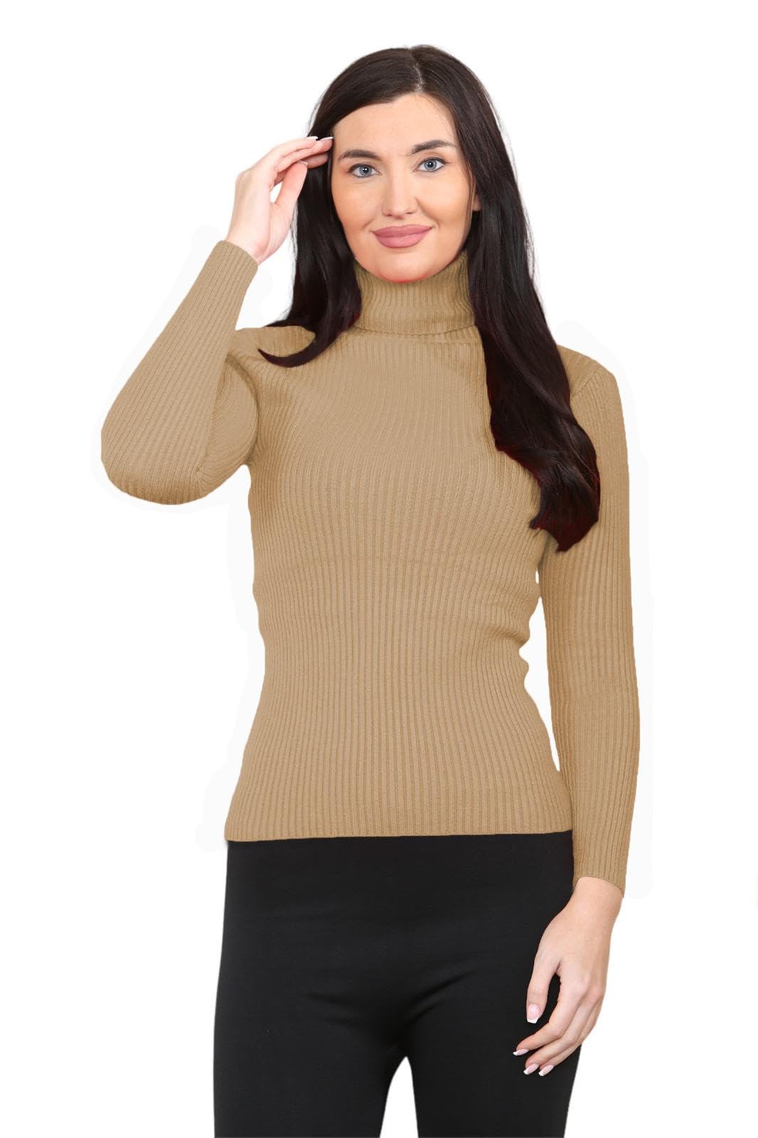 GOSTYLES® Women's Ribbed Knitted High Polo Roll Neck Jumper, Ladies Casual Smooth Stretchy Pullover Knit Turtleneck Plain Sweater Top (Camel, 14)