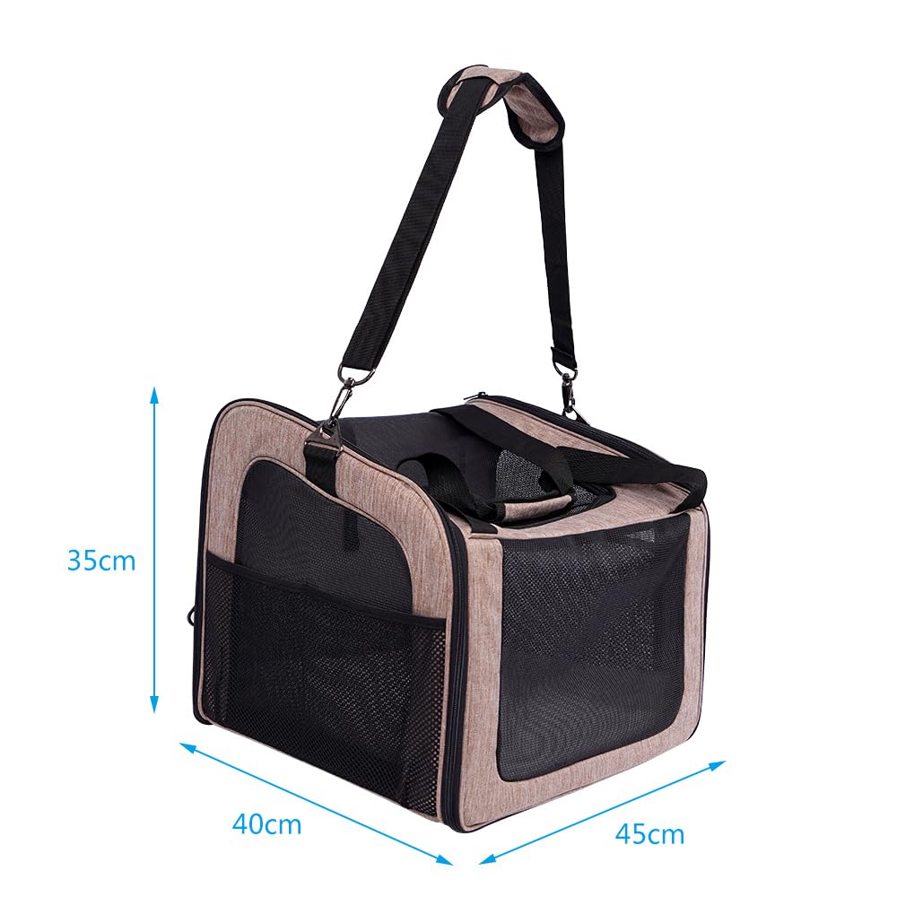 Trasportino per cani e gatti, borsa porta-cane traspirante per animali domestici, trasportino da viaggio con ventilazione, tasche laterali, due porte con tracolla per auto (Marrone, 35x40x45cm)