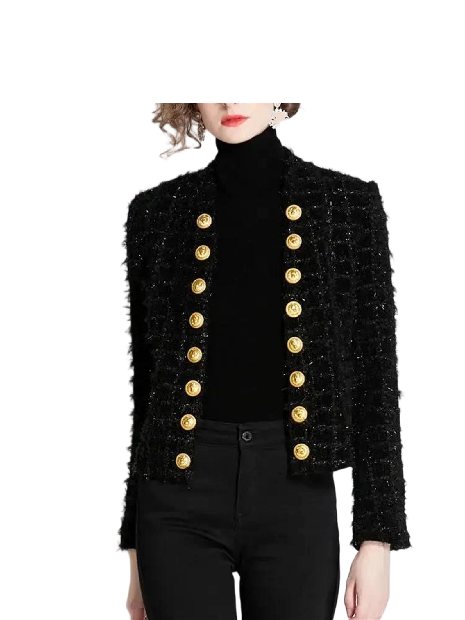 UIOKLMJH Women Tweed Short Cardigan Slim Double Breasted Tassel Wool Coat fall Winter Top