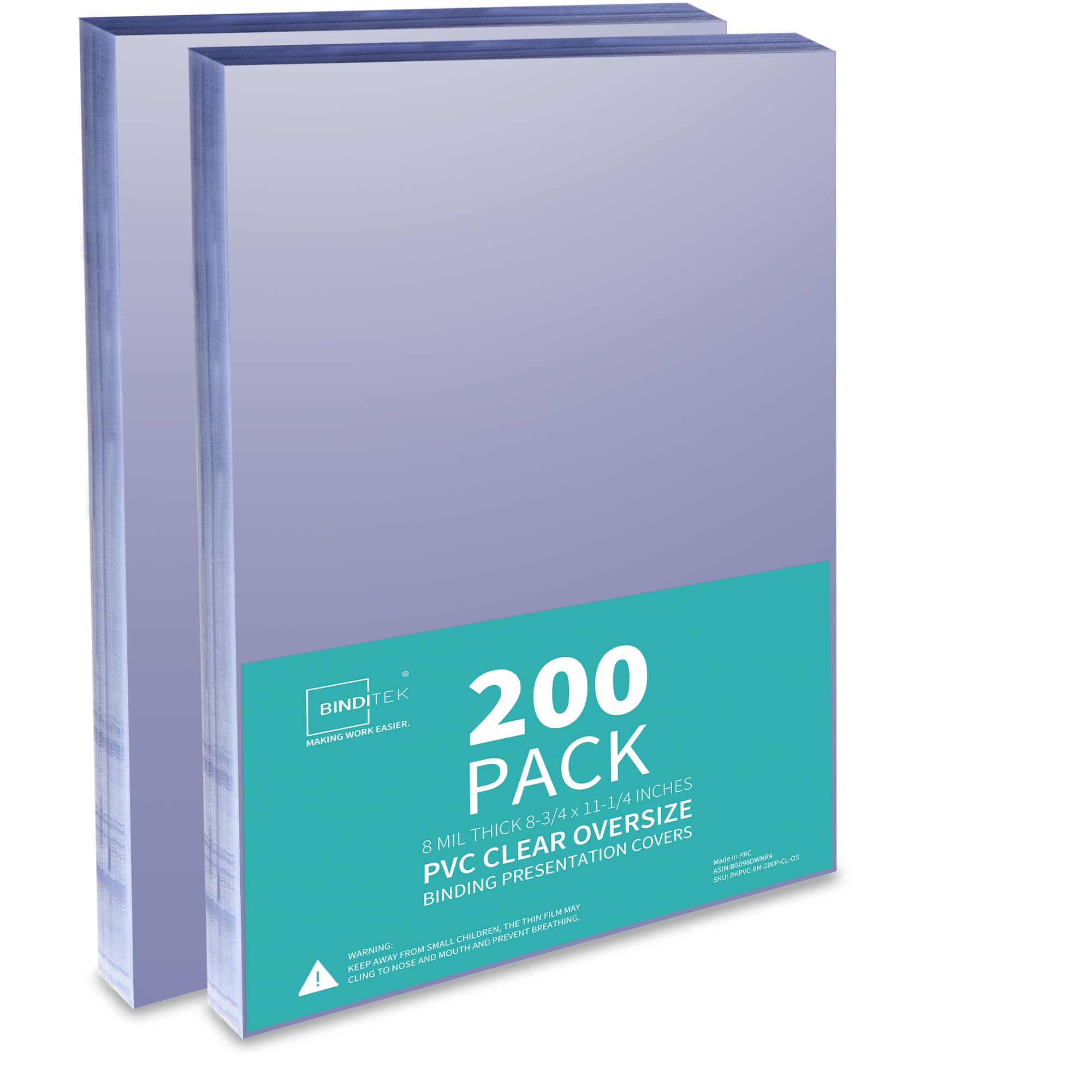 Binditek 200 Pack 8 Mil Clear PVC Binding Presentation Covers, Oversize, 8.75x11.25 Inches, Square Corner, Unpunched, Office School Supplies