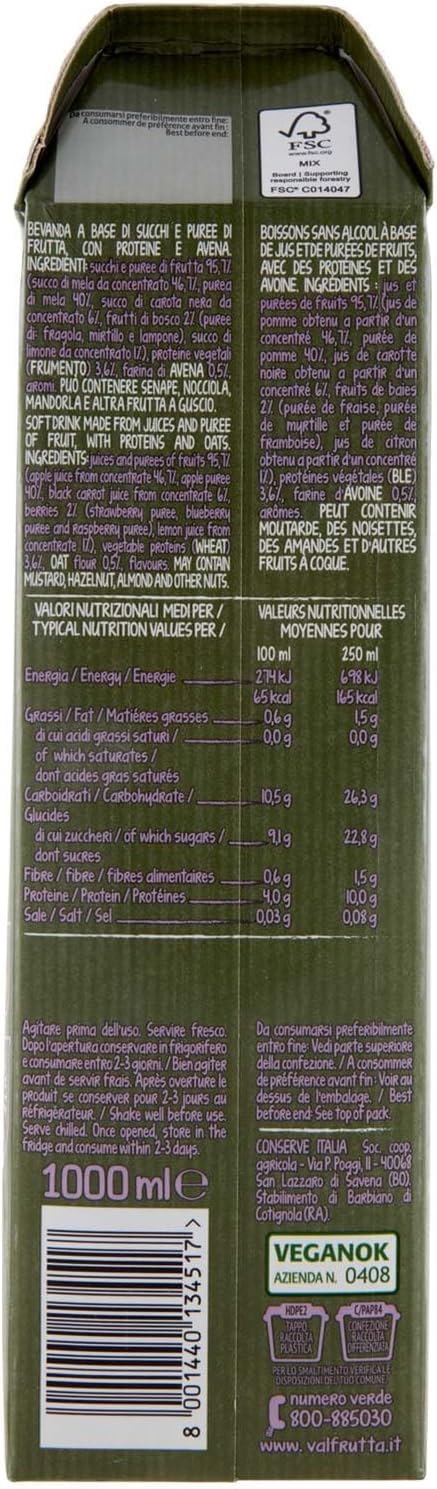 Valfrutta Frullato Proteico Mix di Frutta e Proteine con Mango, Pesca e Mandorla 1L [CAIYA® BOX da 6 Brick]