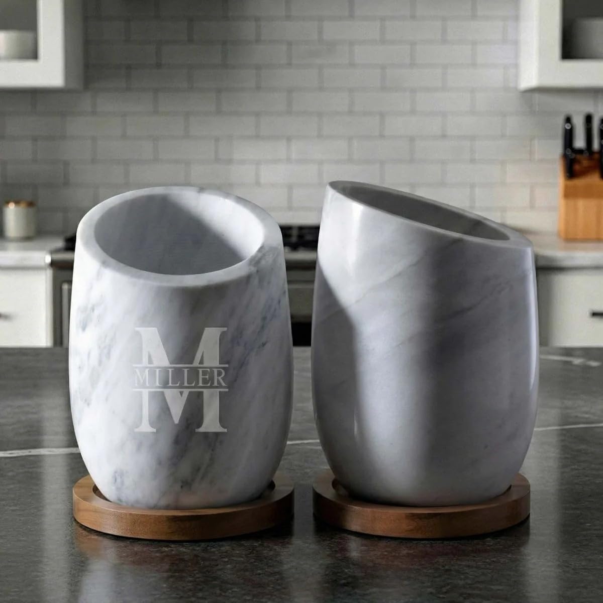 HomeWetBar Slanted Marble Champagne and Wine Chiller with Acacia Wood Coaster, White, 5.5 x 8 Inches