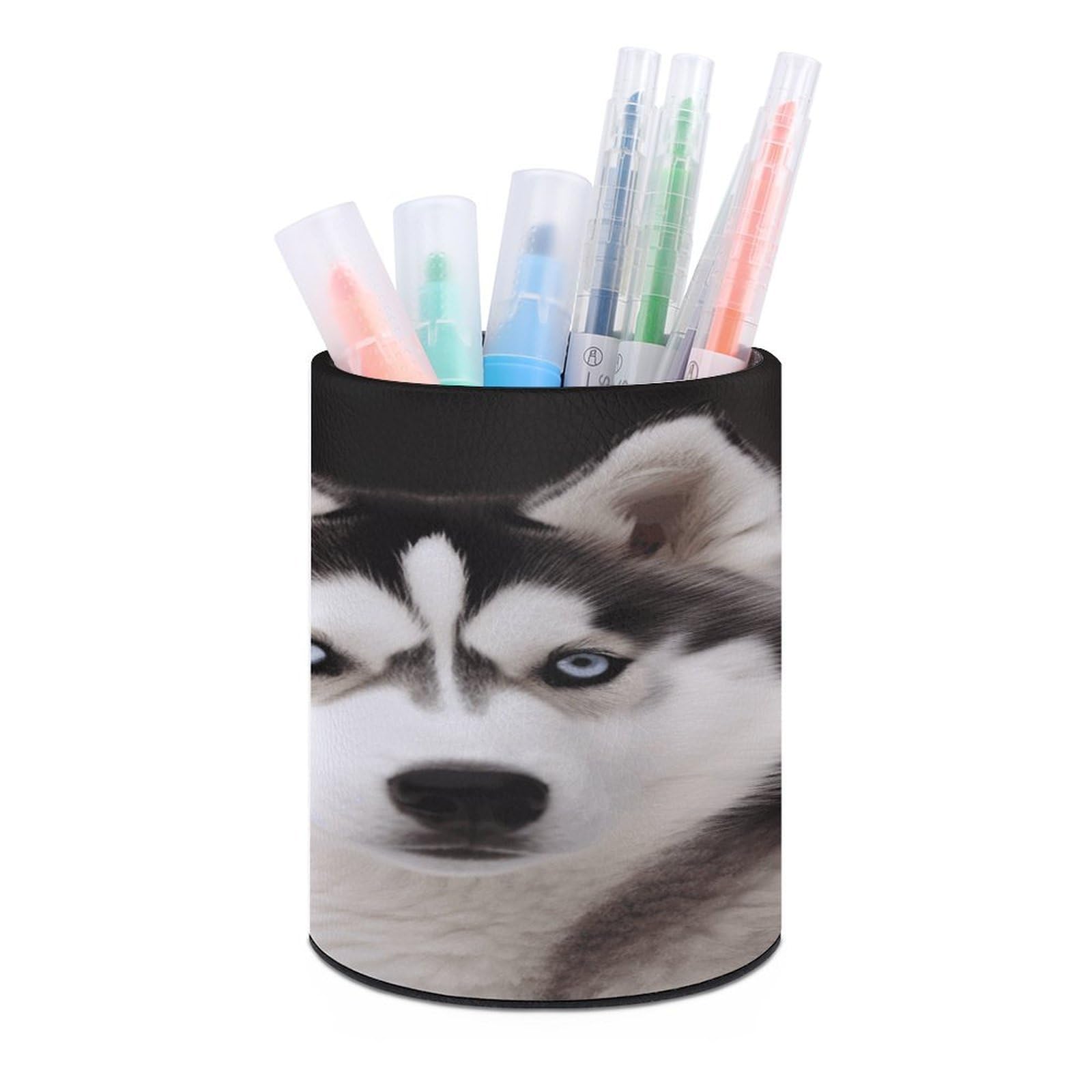 VstaDank Husky Dog Pen Holder Leather Pencil Cup Round Pencil Holder for Desk Organizer Personalized Pen Cup Fashion Pen Organizer Makeup Brush Holders for Office Home&Gift