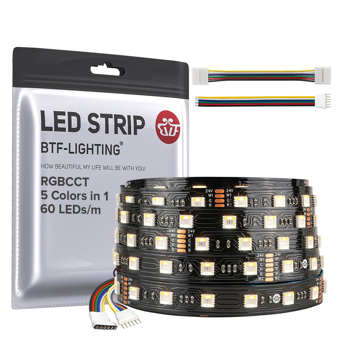BTF-LIGHTING RGBCCT 5 Colors in 1 LED 5050SMD RGBWW RGB+Dimmable Tunable Color Temperature 2700K-6500K 16.4ft 60LEDs/m 300LEDs DC24V Multi-Colored Lights IP30 for Decoration(No Adapter or Controller)