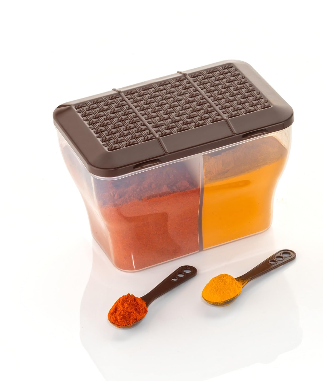 HAPPI Multipurpose Plastic 2 in 1 Masala Box for Kitchen, Spice Boxes for Kitchen, Transparent 2 Compartment Storage Containers Airtight Grocery, Dry Fruits Box 2000 Ml with 2 Spoons(Brown)