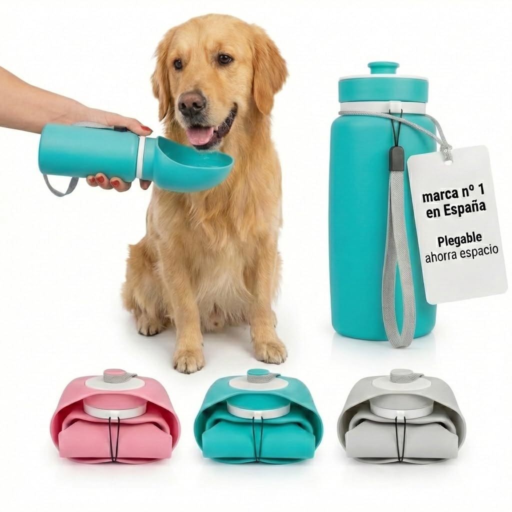 JARUKI® Bebedero Perro Plegable Silicona 550 ml | Botella Agua Perro Higiénica Fácil de Limpiar Antigoteo | Botella Paseo Resistente Caidas | Accesorios para Perros Viaje y Paseos (Turquesa)