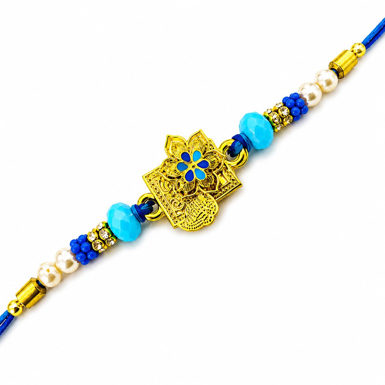 Decorative Rakhi with Gold Metal Floral Charm, Blue Enamel, Pearl and Crystal Beads RK-image-30