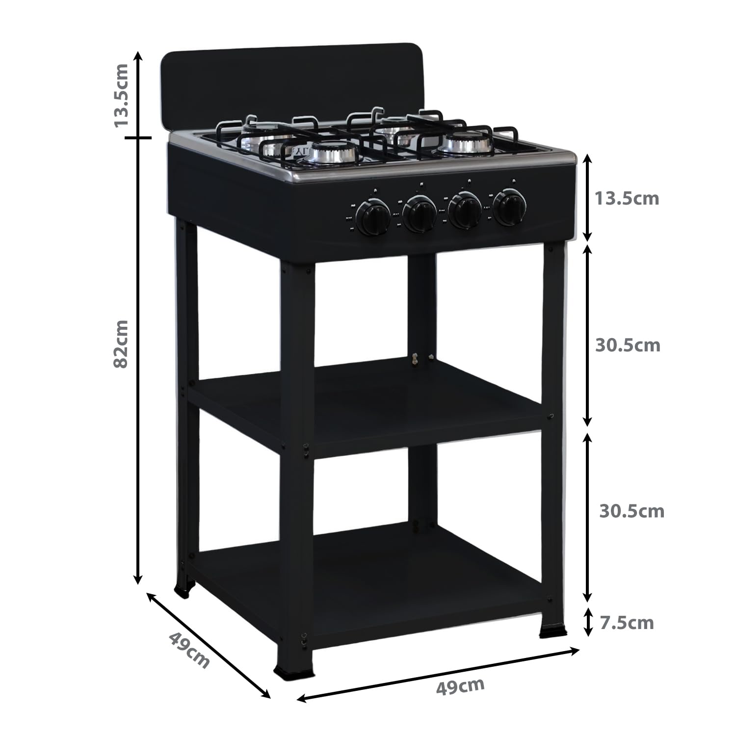 Marvin Fornello a Gas 4 Fuochi da Campeggio Piano Cottura con Supporto 2 Ripiani in Acciaio Cucina da Esterno Portatile Piastra Inox (Nero)