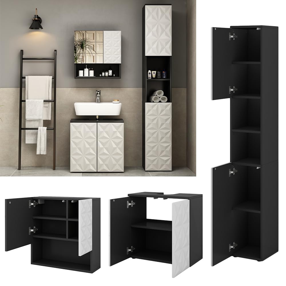 Vicco Conjunto de Muebles de baño Edge, Negro, 60 cm | compuesto por mueble bajo lavabo, espejo con armario y columna de baño