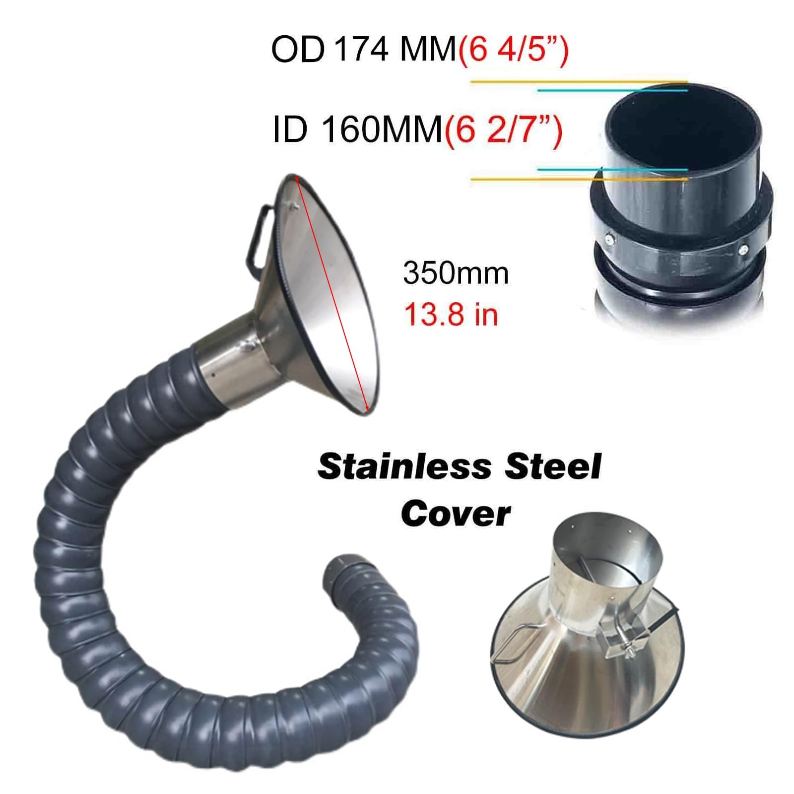 Brazo colector de conducto flexible con campana de metal para extracción de gas, humo y humos, montaje en pared, 1 m de longitud, 200 mm de diámetro